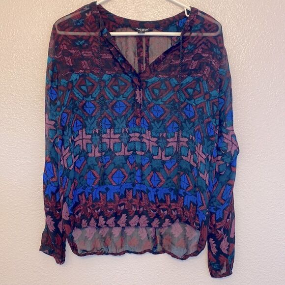 Lucky Brand long sleeve colorful sheer silky blouse tassel boho festival fairy S - Picture 2 of 9